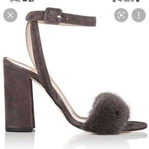 Barneys New York  block heel ankle strap mink fur heels Sz 37.5 Dark Grey